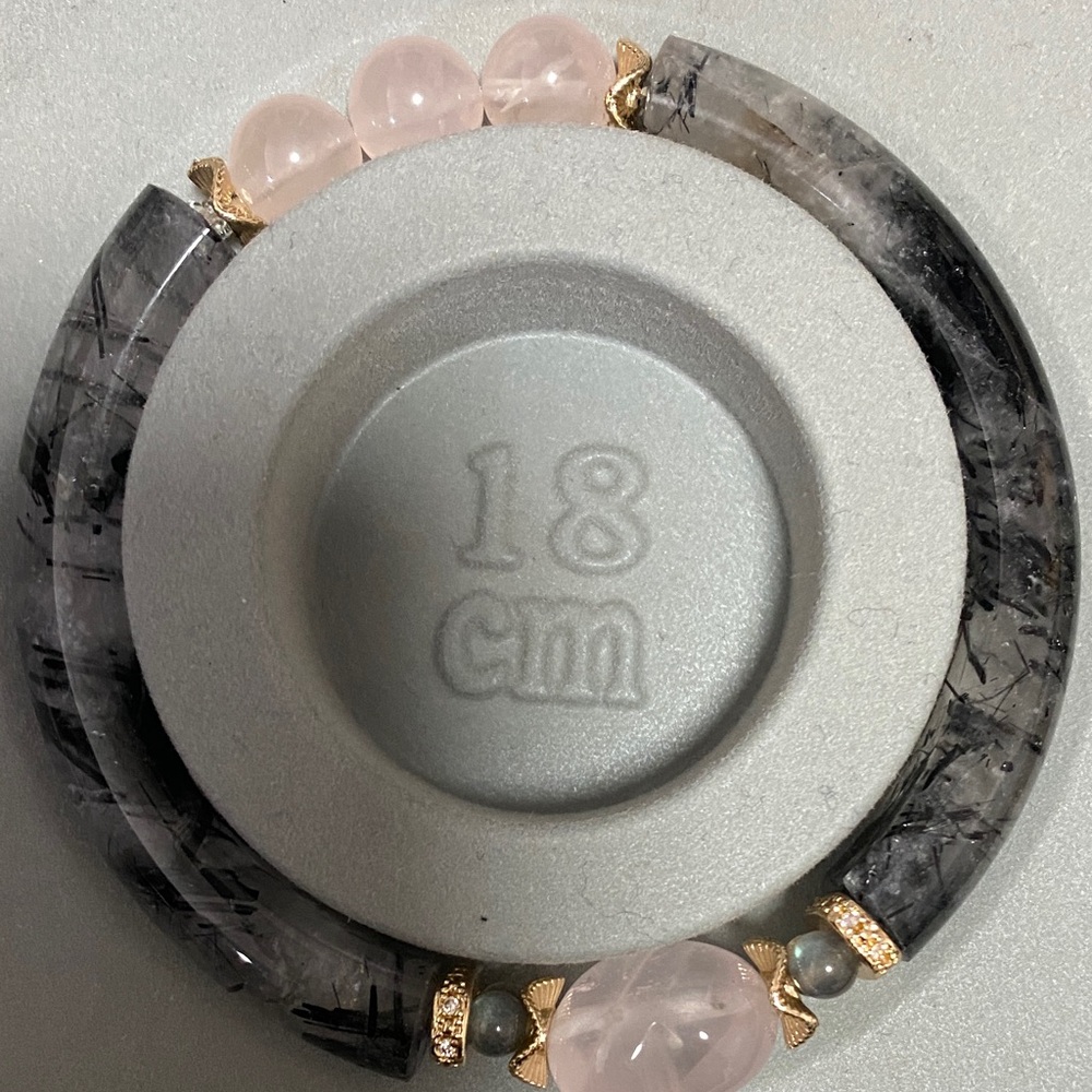 Black Tourmaline & Rose Quartz Heart Bangle Bracelet • Gold Accents • Protective - Picture 9 of 9